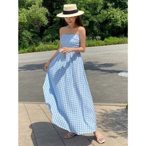 blue white Gingham Print Tube maxi Dress